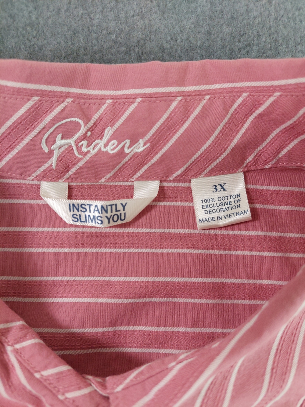 Riders by Lee Pink White Striped Button Down Blouse 3/4 Sleeve 3X Plus Cotton - Picture 3 of 7